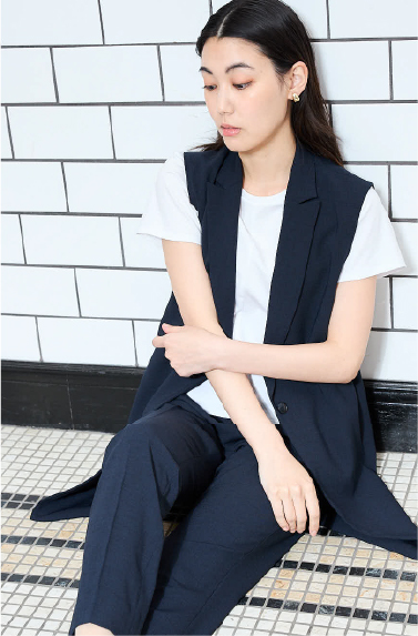 キャリーマンストレッチノーカラージレ テーパードパンツ シルケットポンチサイドドロストTシャツ