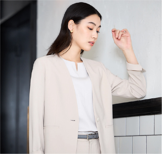 キャリーマンストレッチノーカラージャケット シルケットポンチフロントVデザインTシャツ