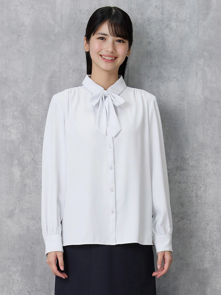 【2WAYリボン付】長袖ブラウスレギュラーカラーストレッチ透けにくい無地ViVi通年【レディース】