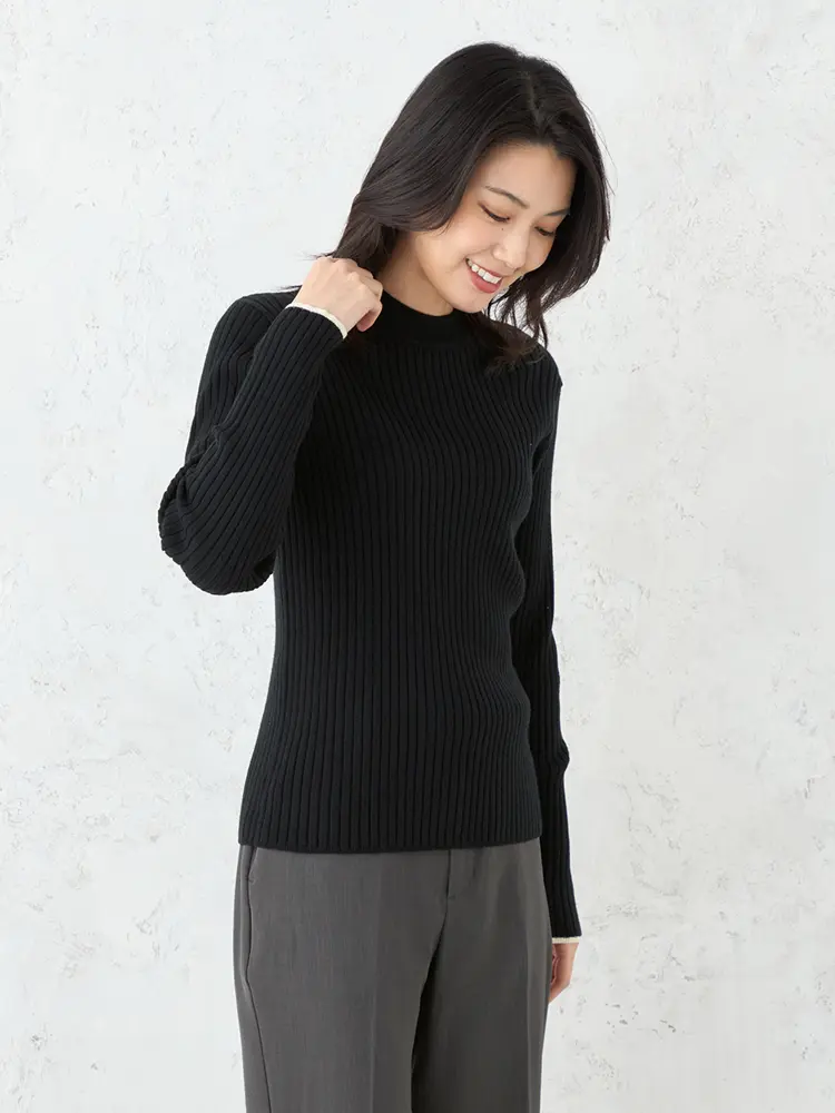 【SOFFICE】抗ピル配色ラインハイネックリブニットカットソーウォッシャブル放電抗ピリング秋冬