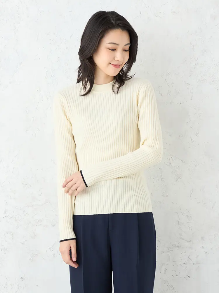 【SOFFICE】抗ピル配色ラインハイネックリブニットカットソーウォッシャブル放電抗ピリング秋冬