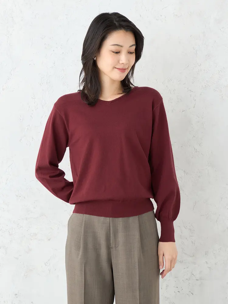 【SOFFICE】抗ピルVネックパフスリーブニットカットソーウォッシャブル放電抗ピリング秋冬