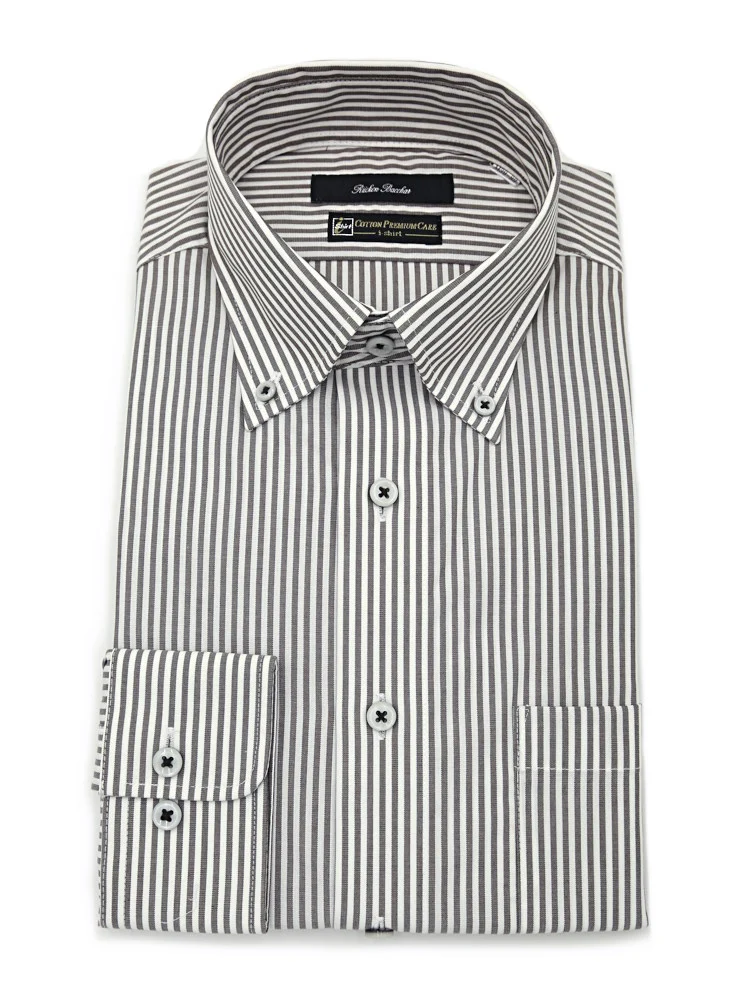 【形態安定】長袖ワイシャツボタンダウン【コットンプレミアムケア】ストライプリッケンバッカー通年