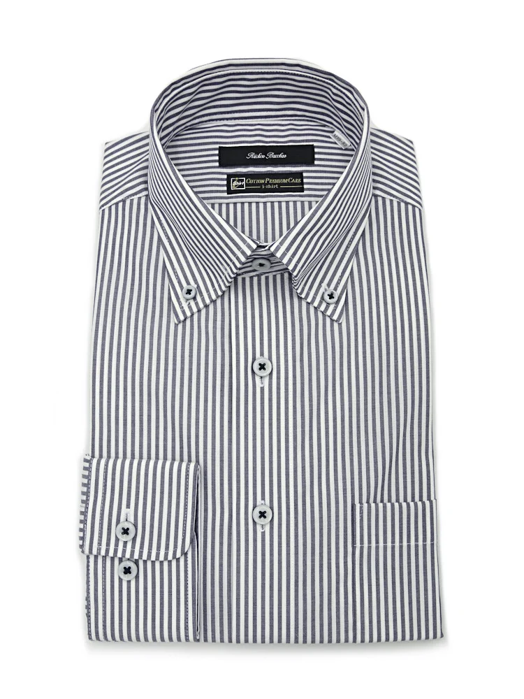 【形態安定】長袖ワイシャツボタンダウン【コットンプレミアムケア】ストライプリッケンバッカー通年