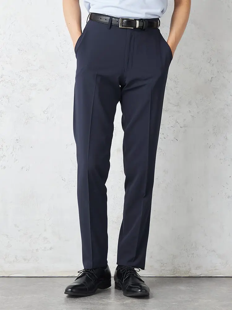 【スマビズパンツ】ノータックスラックスパンツ織柄無地ストレッチウォッシャブル春夏