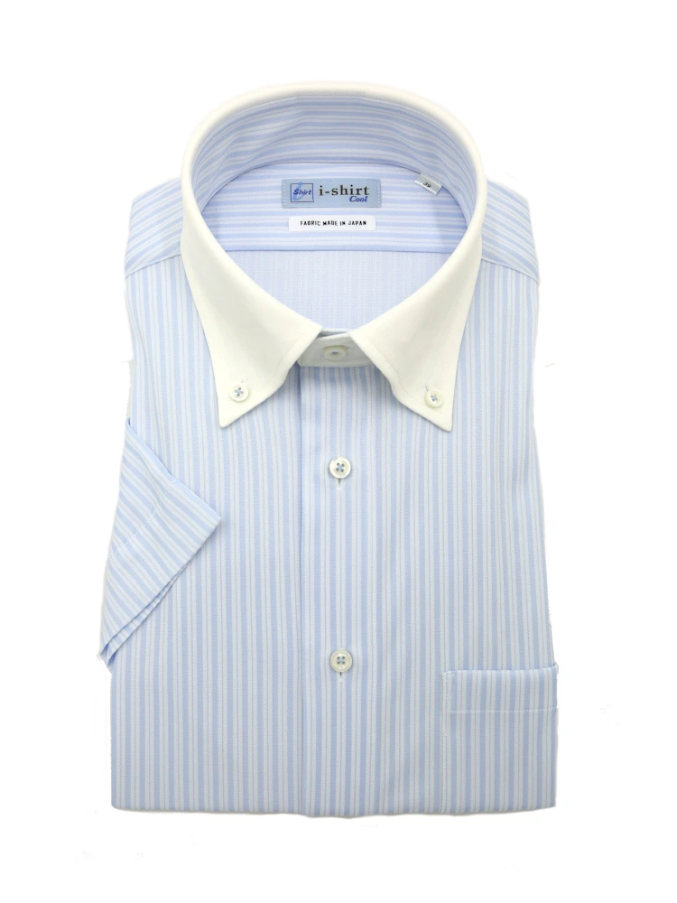 【完全ノーアイロン】半袖アイシャツボタンダウン【バイオセンサークール生地使用】高通気冷感ストライプワイシャツi-shirt春夏