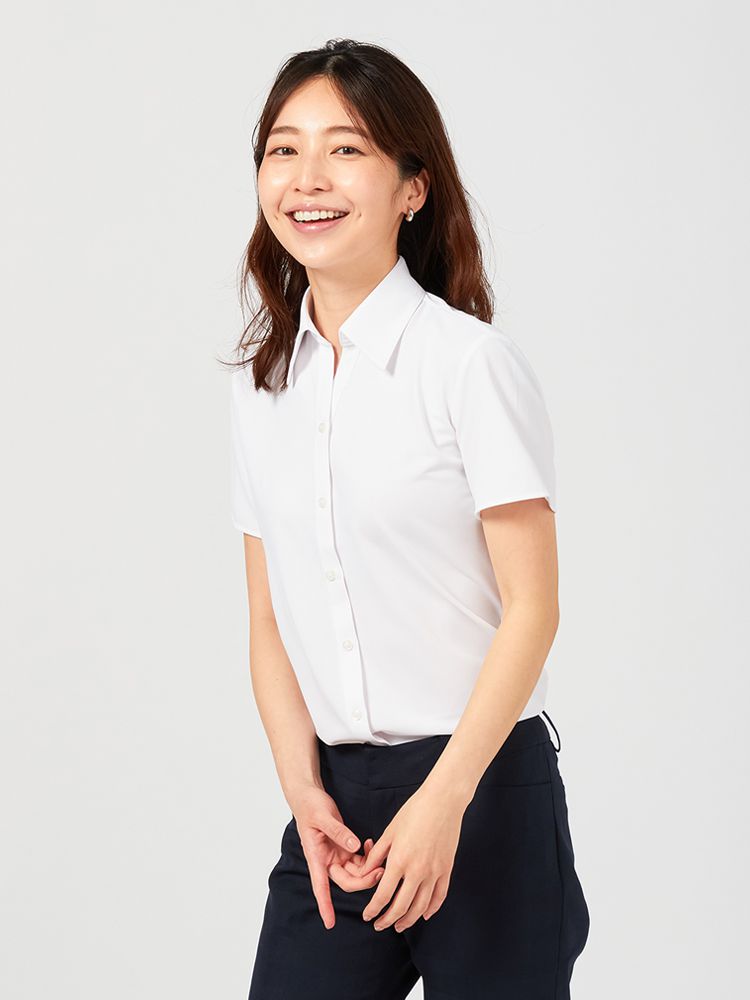 【完全ノーアイロン】ブラウス半袖シャツスキッパーストレッチ吸汗速乾白無地i-shirt春夏【レディース】
