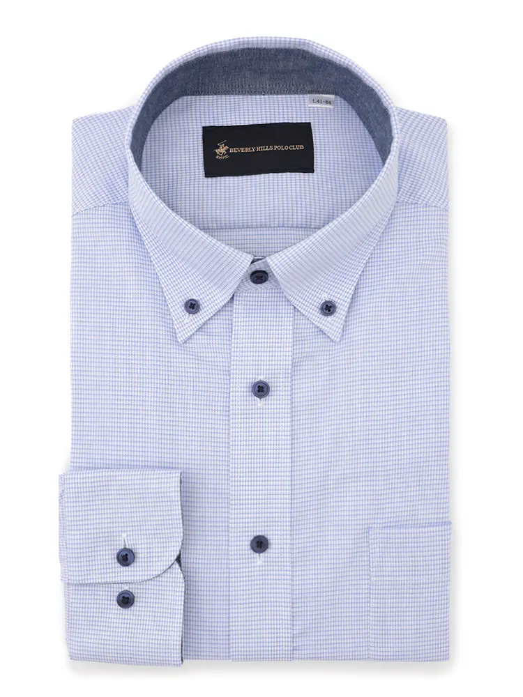 【ビバリーヒルズポロクラブ】サックスチェック長袖Ｙシャツボタンダウンマイクロチェック形態安定通年