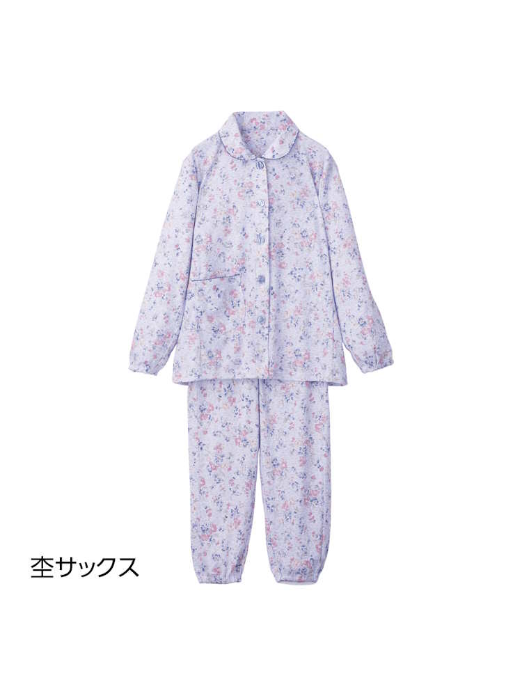 【前開き】【年間素材】大きめボタン寝返りらくらくパジャマ／婦人用／レディース／シニア／高齢者／介護／入院／施設／斜めボタンホール／手口・足口ゴム／ウエスト調整ゴム【CF】