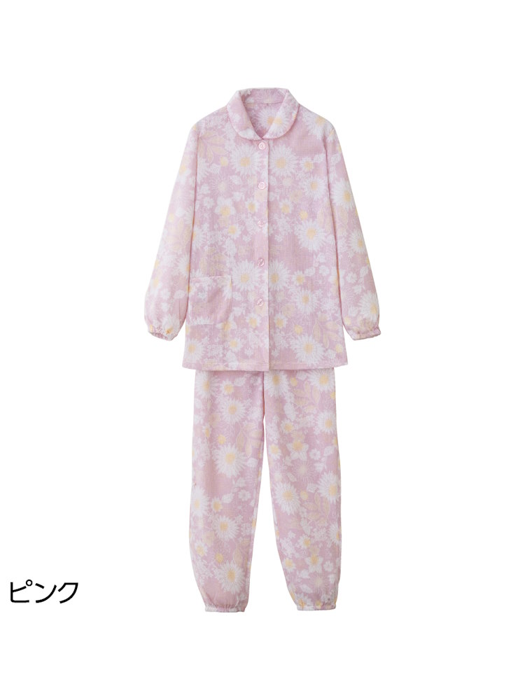 【前開き】【シニア】大きめボタン天竺スパークリングパジャマ／婦人用／レディース／ななめボタンホール／ウエスト調節ゴム／手口・足口ゴム／介護／入院【CF】