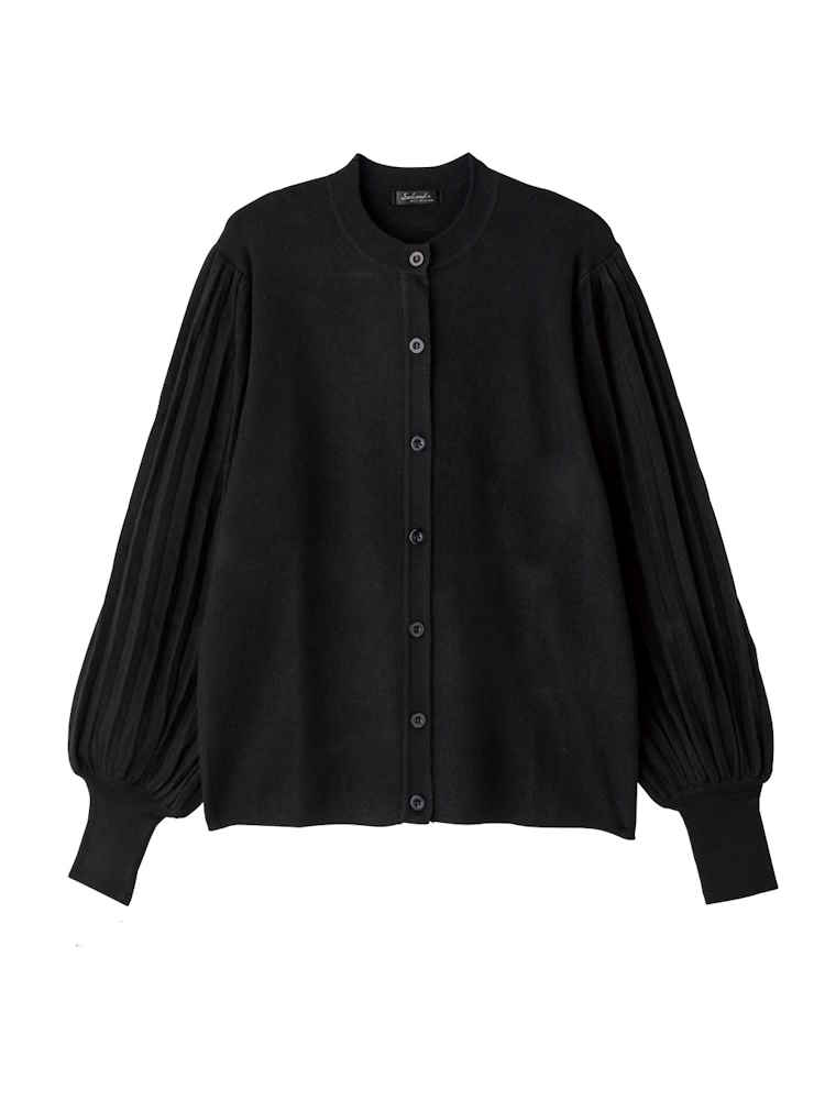 【前開き】【洗濯機OK】袖プリーツ加工カーディガン／婦人用／レディース／シニア／高齢者／秋冬／名前記入欄付／おしゃれ／おでかけ／ギフト／プレゼント【CF】